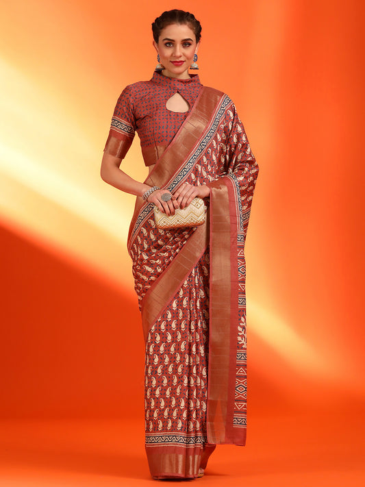 Women's Silk Blend Rust Printed Designer Saree With Blouse Piece
