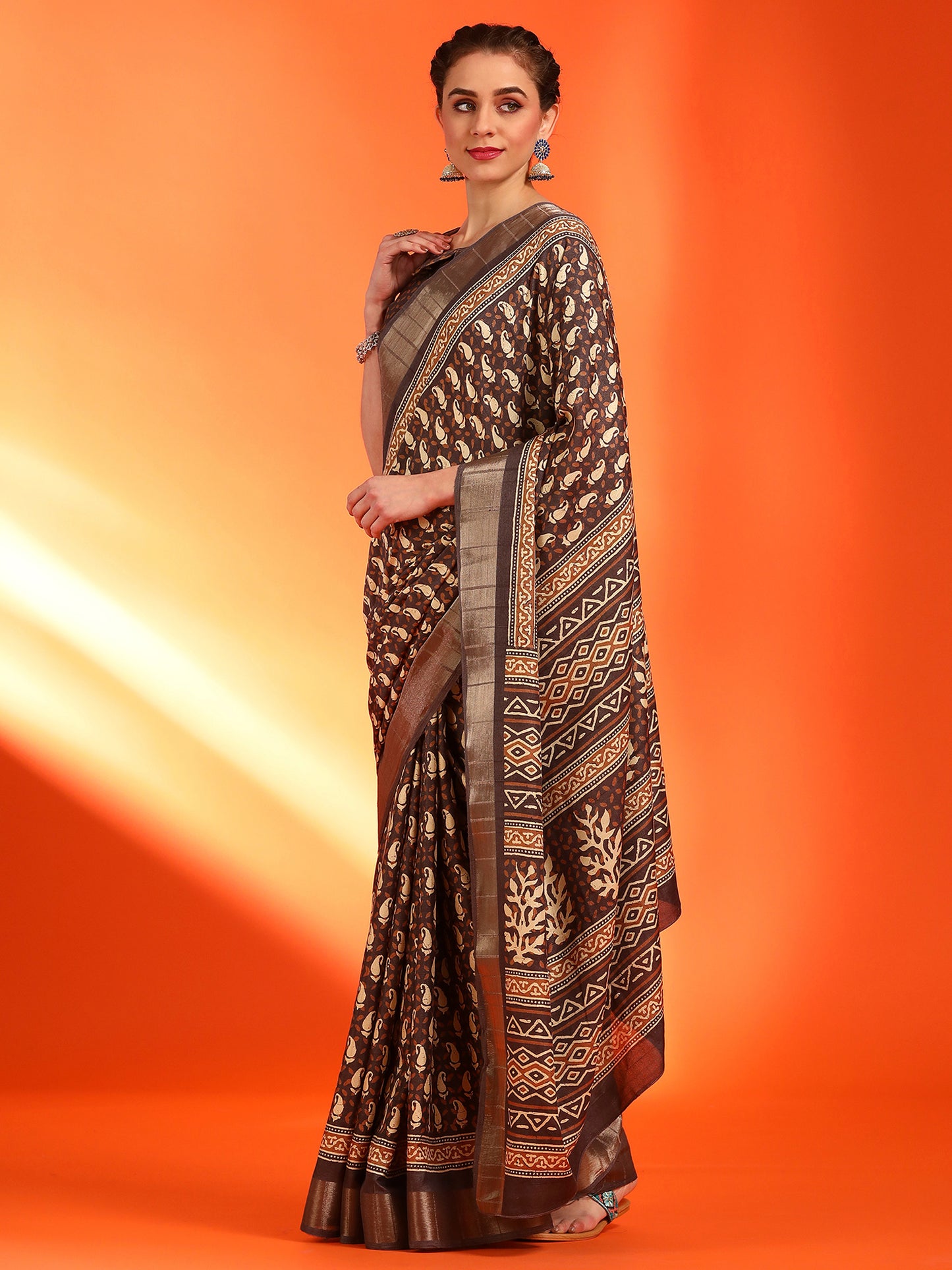 Women's Silk Blend Brown Printed Designer Saree With Blouse Piece