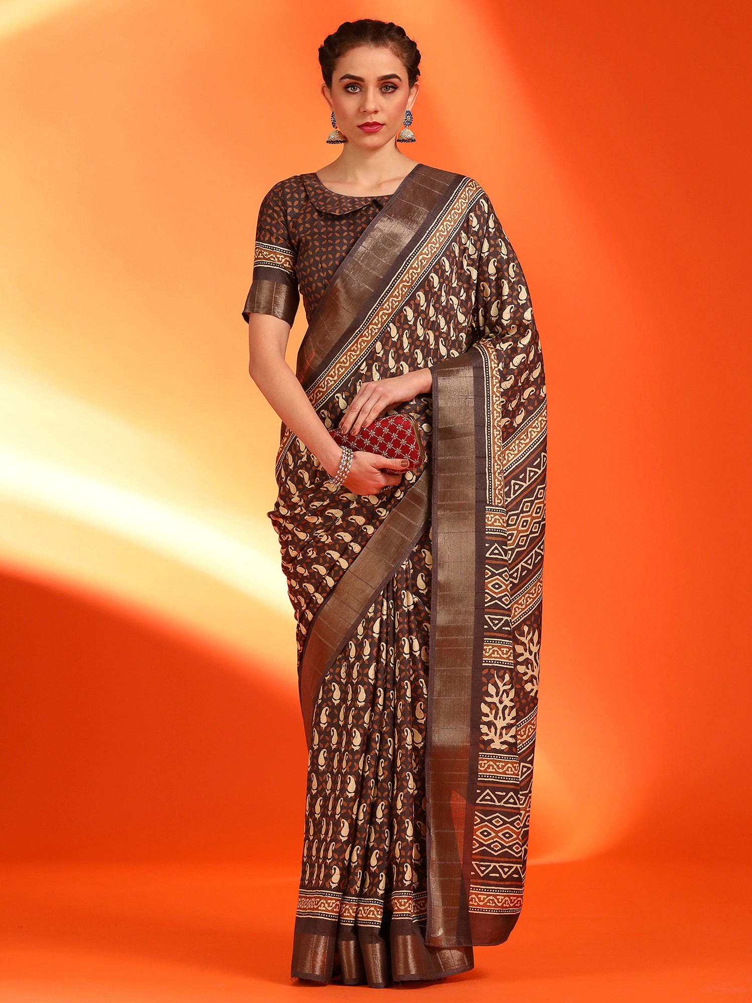 Women's Silk Blend Brown Printed Designer Saree With Blouse Piece