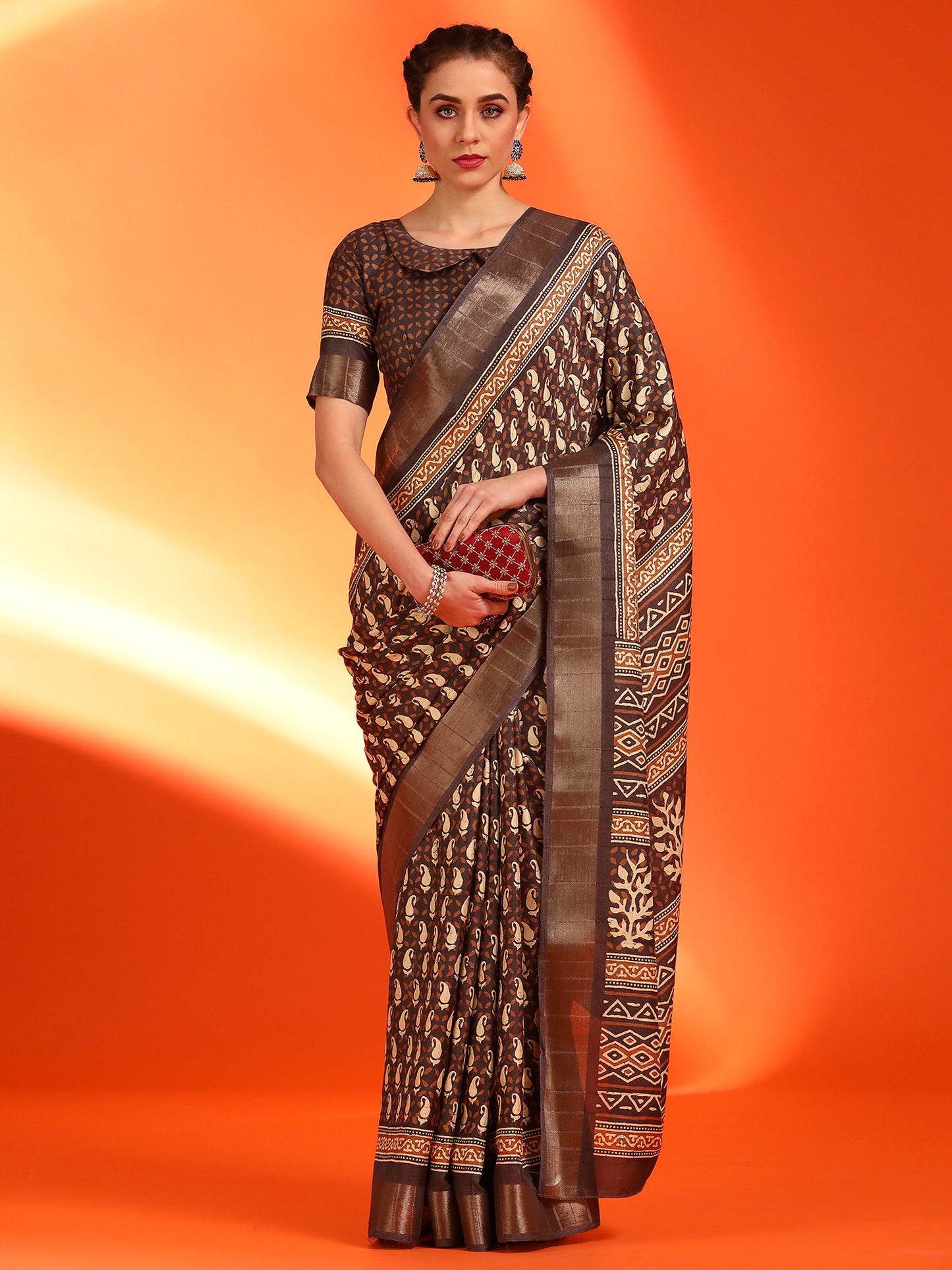 Women's Silk Blend Brown Printed Designer Saree With Blouse Piece