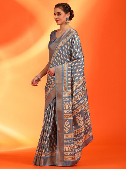 Women's Silk Blend Grey Printed Designer Saree With Blouse Piece