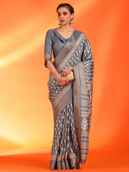 Women's Silk Blend Grey Printed Designer Saree With Blouse Piece