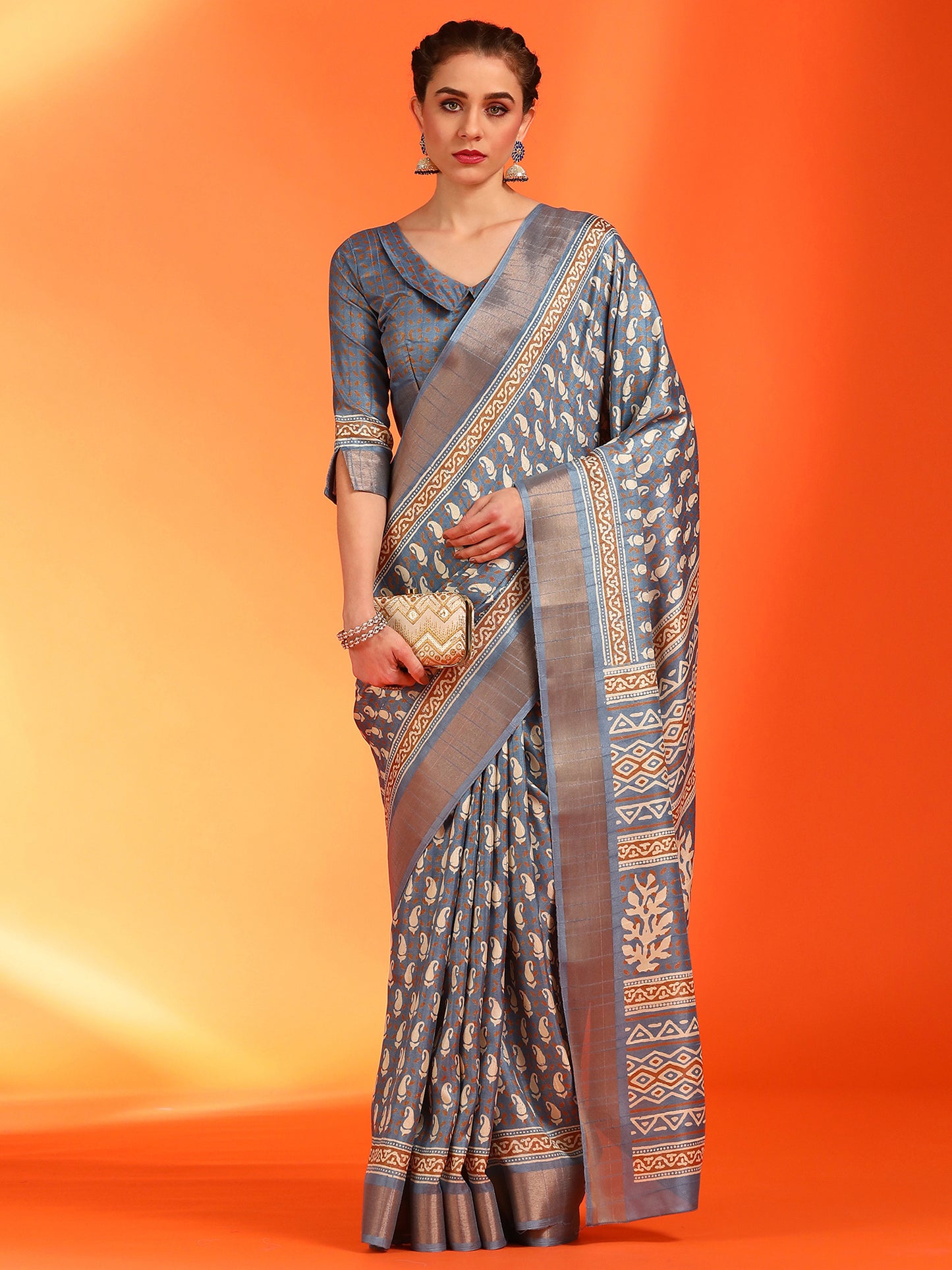 Women's Silk Blend Grey Printed Designer Saree With Blouse Piece