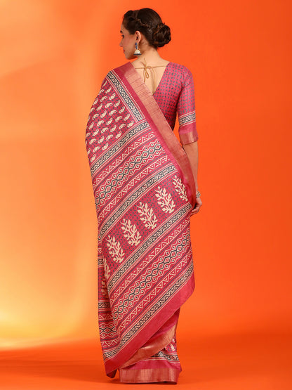Women's Silk Blend Pink Printed Designer Saree With Blouse Piece
