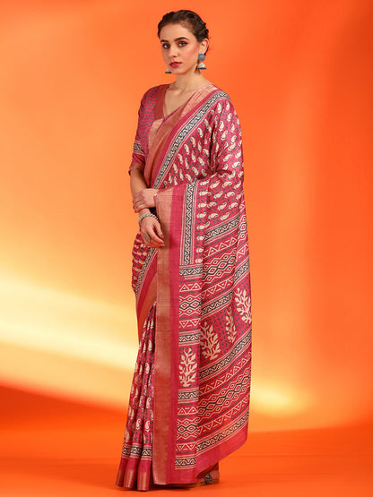 Women's Silk Blend Pink Printed Designer Saree With Blouse Piece