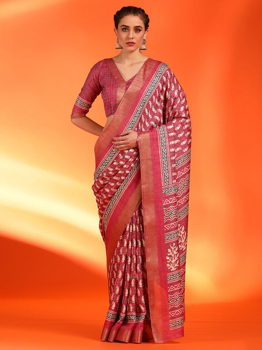 Women's Silk Blend Pink Printed Designer Saree With Blouse Piece