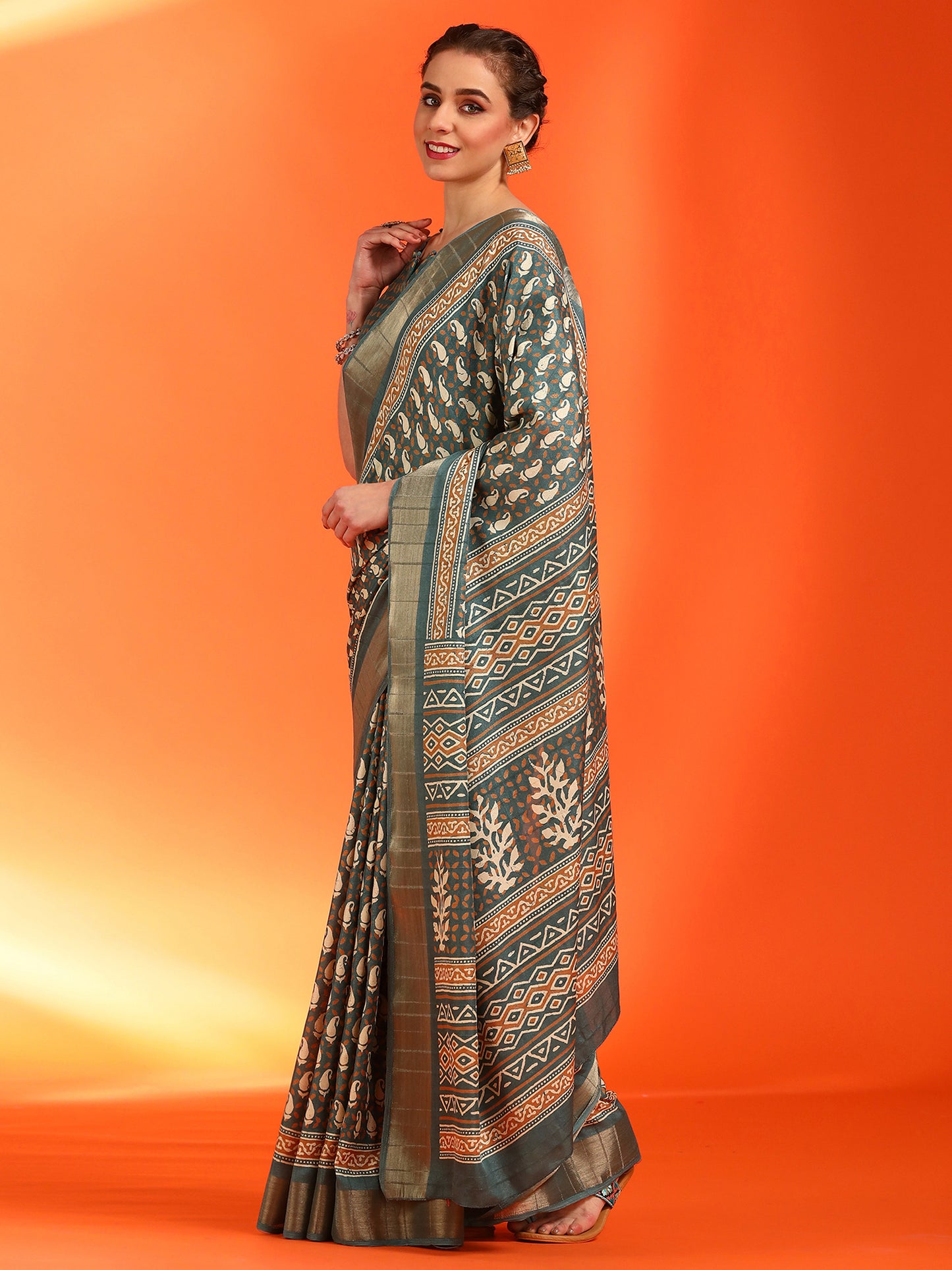 Women's Silk Blend Sea Green Printed Designer Saree With Blouse Piece