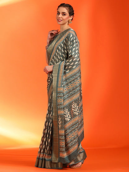 Women's Silk Blend Sea Green Printed Designer Saree With Blouse Piece
