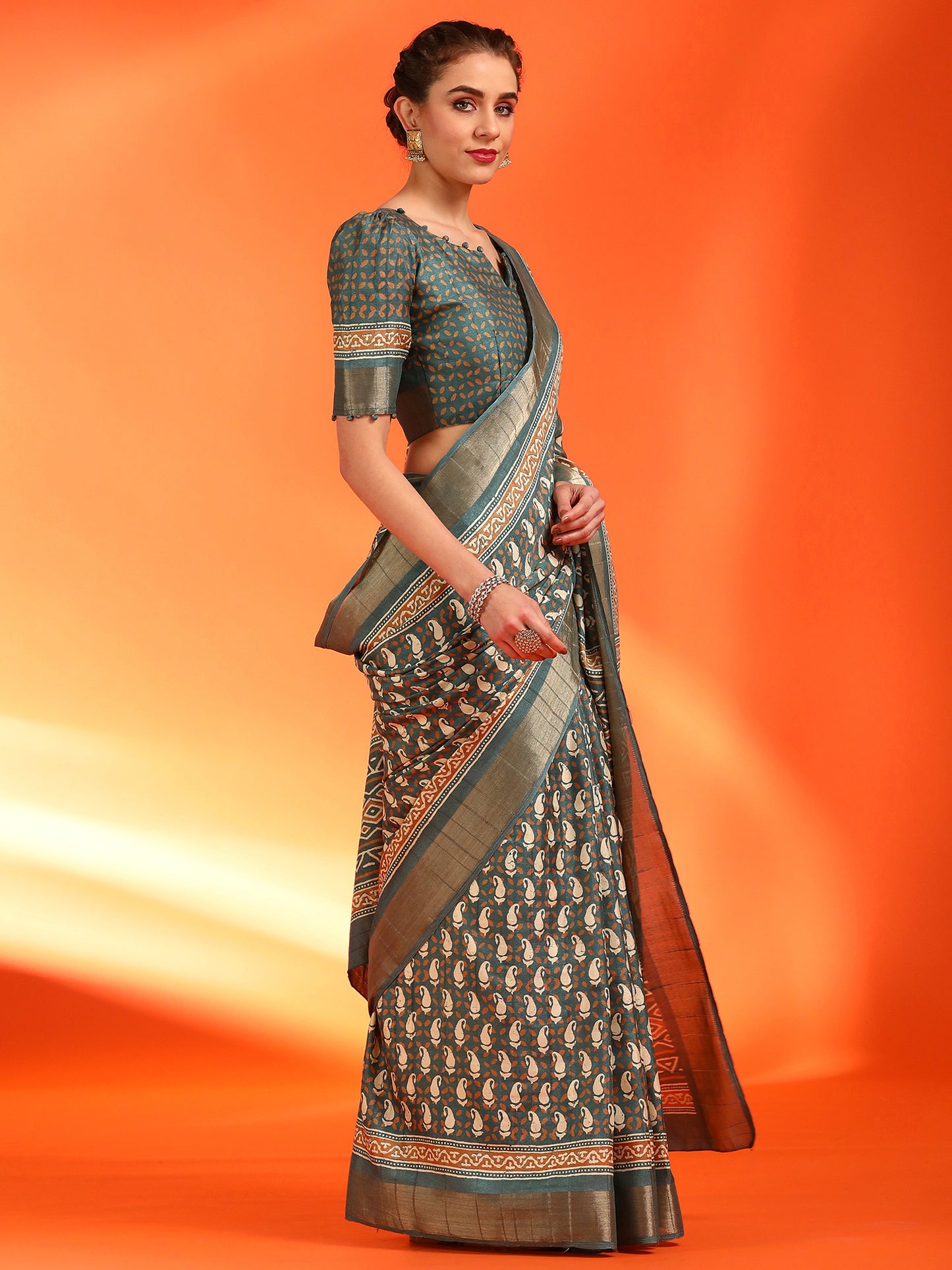 Women's Silk Blend Sea Green Printed Designer Saree With Blouse Piece