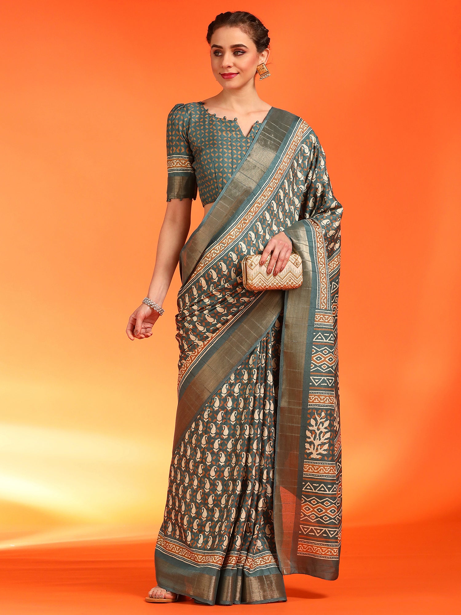 Women's Silk Blend Sea Green Printed Designer Saree With Blouse Piece