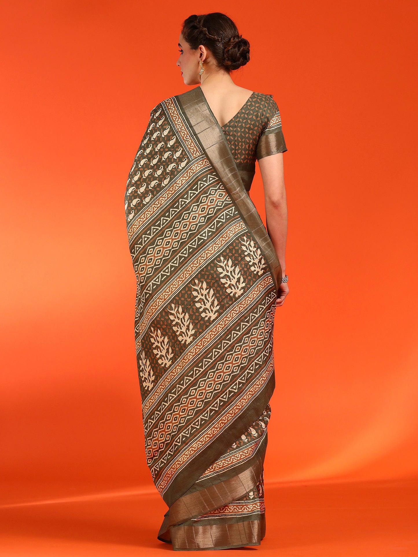Women's Silk Blend Olive Printed Designer Saree With Blouse Piece
