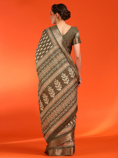 Women's Silk Blend Olive Printed Designer Saree With Blouse Piece