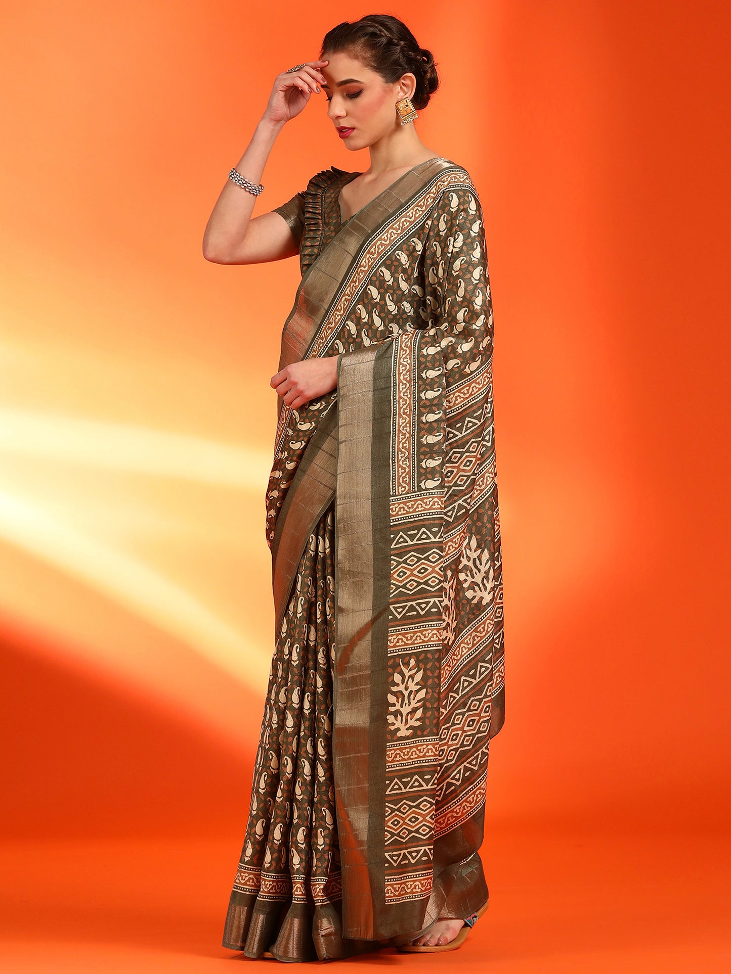 Women's Silk Blend Olive Printed Designer Saree With Blouse Piece