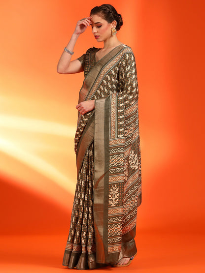Women's Silk Blend Olive Printed Designer Saree With Blouse Piece