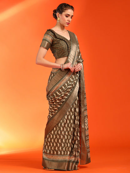 Women's Silk Blend Olive Printed Designer Saree With Blouse Piece