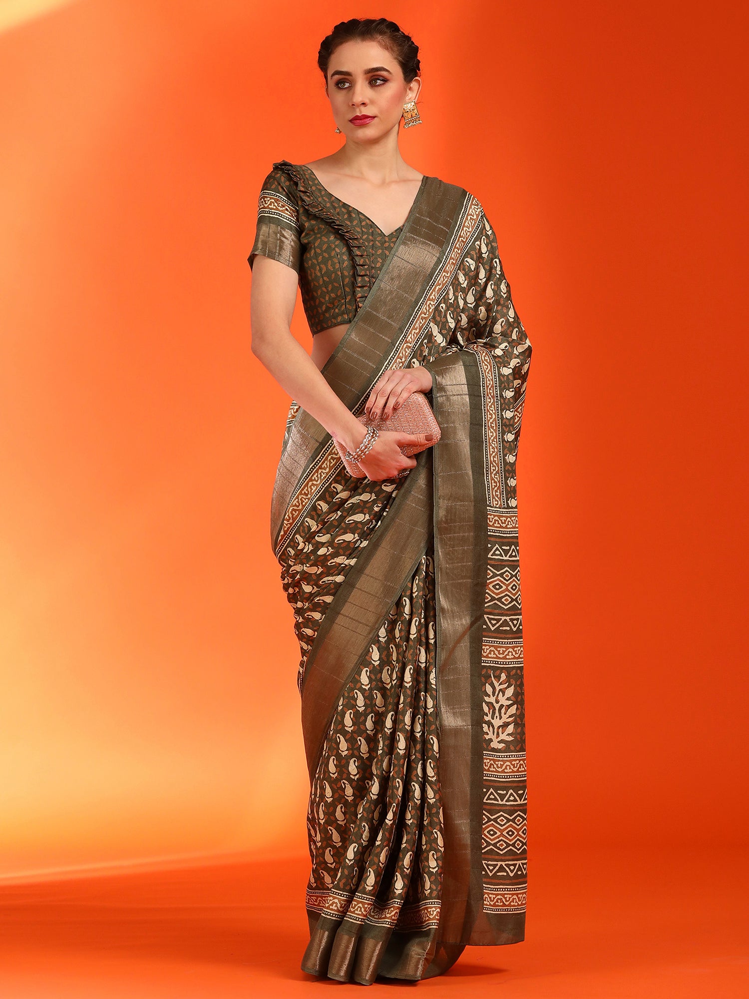Women's Silk Blend Olive Printed Designer Saree With Blouse Piece