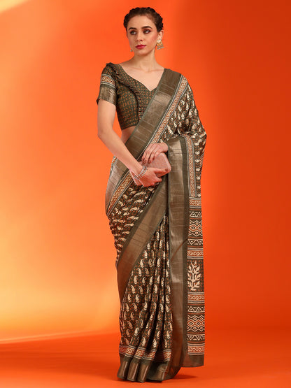 Women's Silk Blend Olive Printed Designer Saree With Blouse Piece