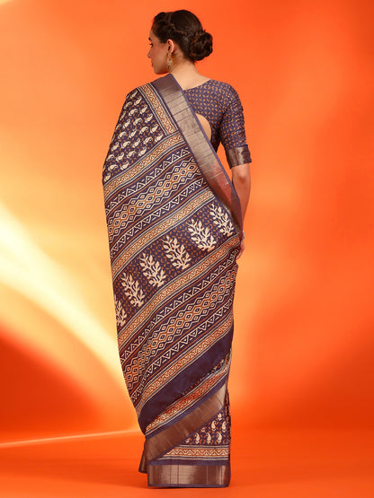 Women's Silk Blend Purple Printed Designer Saree With Blouse Piece