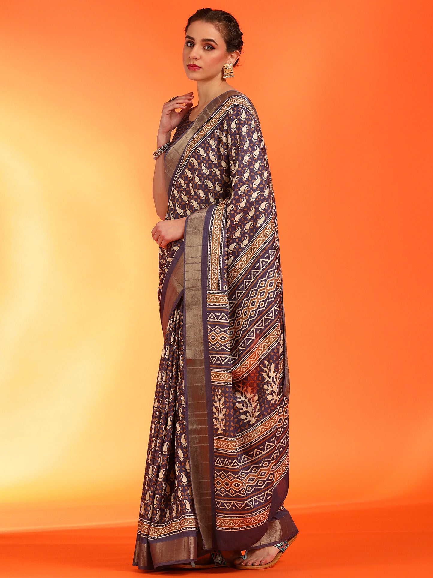 Women's Silk Blend Purple Printed Designer Saree With Blouse Piece