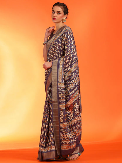 Women's Silk Blend Purple Printed Designer Saree With Blouse Piece