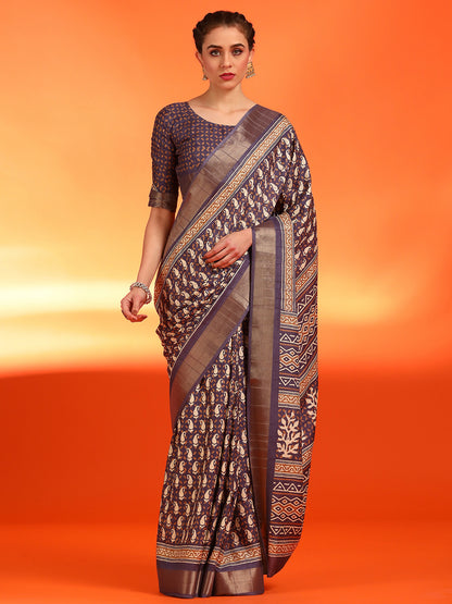 Women's Silk Blend Purple Printed Designer Saree With Blouse Piece