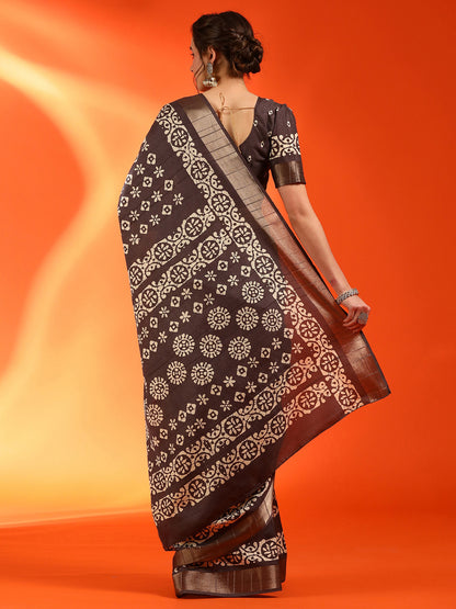 Women's Silk Blend Brown Printed Designer Saree With Blouse Piece