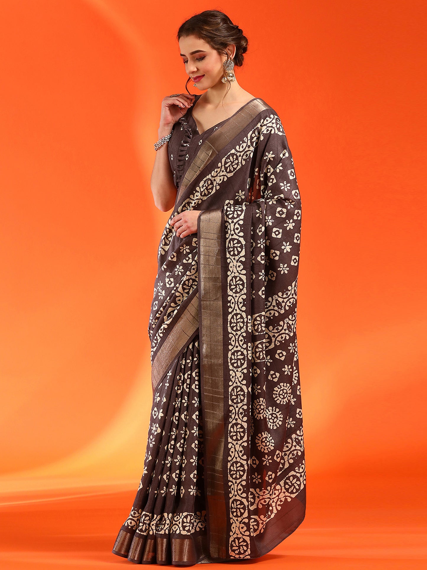 Women's Silk Blend Brown Printed Designer Saree With Blouse Piece