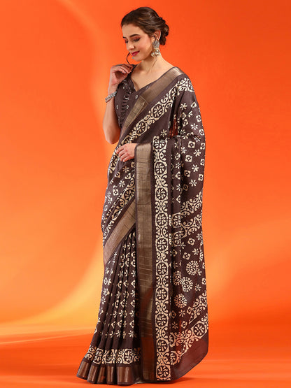 Women's Silk Blend Brown Printed Designer Saree With Blouse Piece
