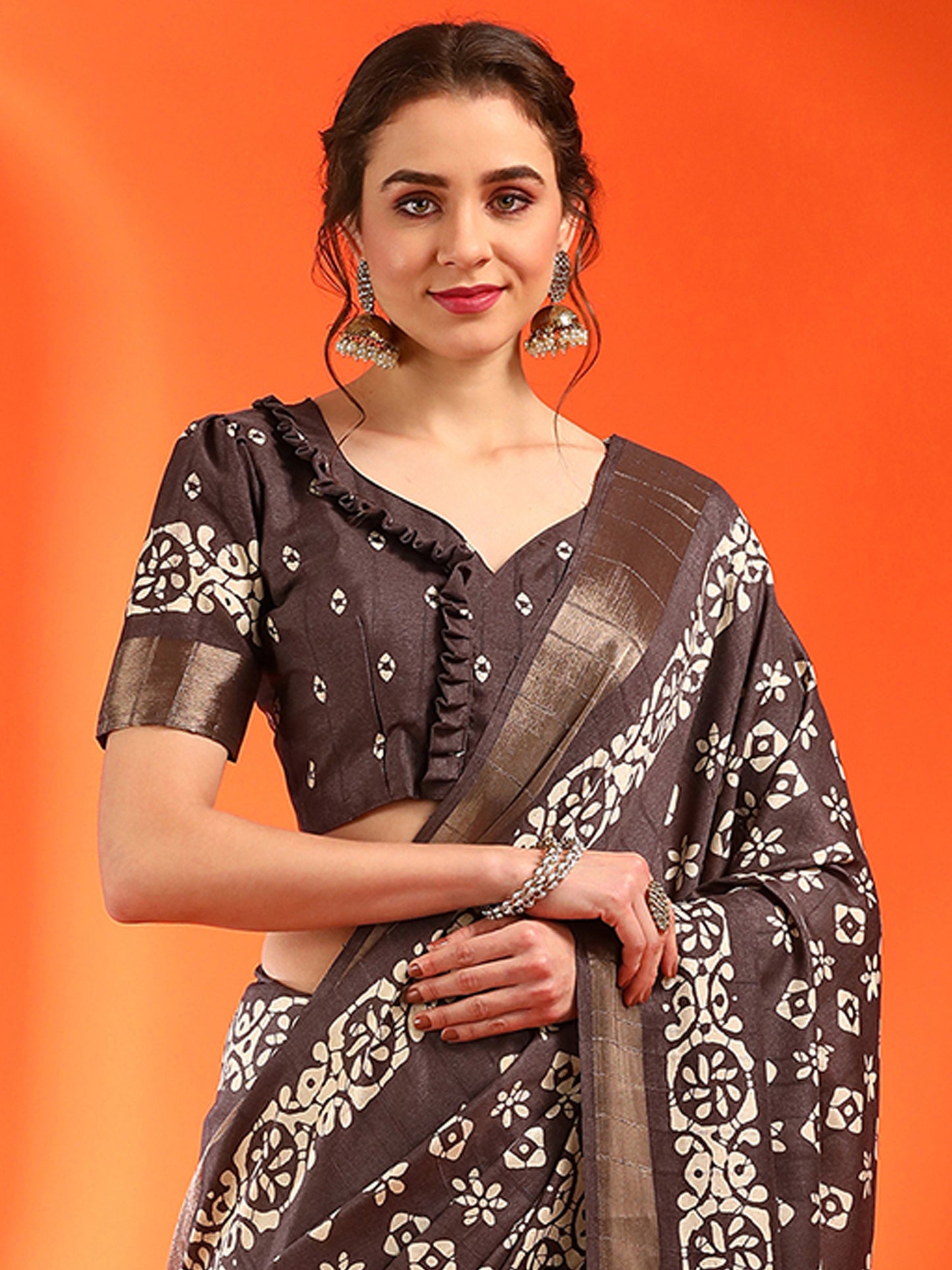 Women's Silk Blend Brown Printed Designer Saree With Blouse Piece