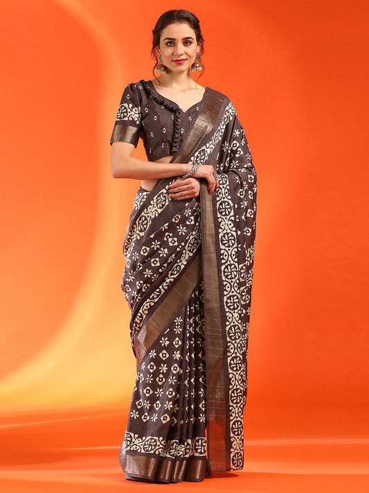 Women's Silk Blend Brown Printed Designer Saree With Blouse Piece