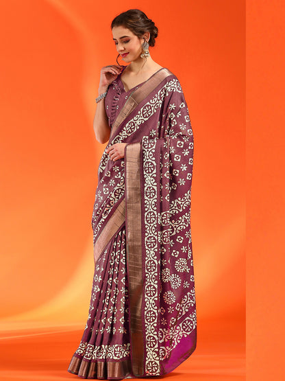 Women's Silk Blend Pink Printed Designer Saree With Blouse Piece