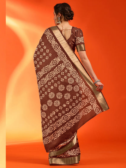 Women's Silk Blend Brown Printed Designer Saree With Blouse Piece