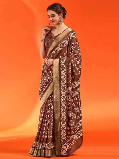 Women's Silk Blend Brown Printed Designer Saree With Blouse Piece
