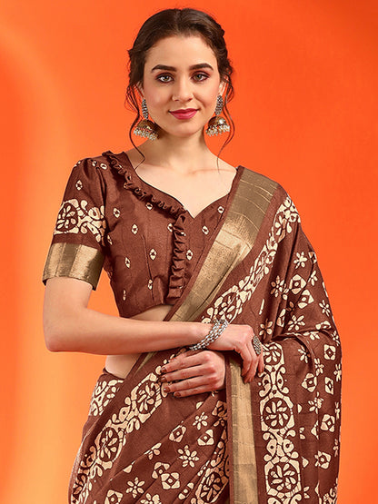 Women's Silk Blend Brown Printed Designer Saree With Blouse Piece