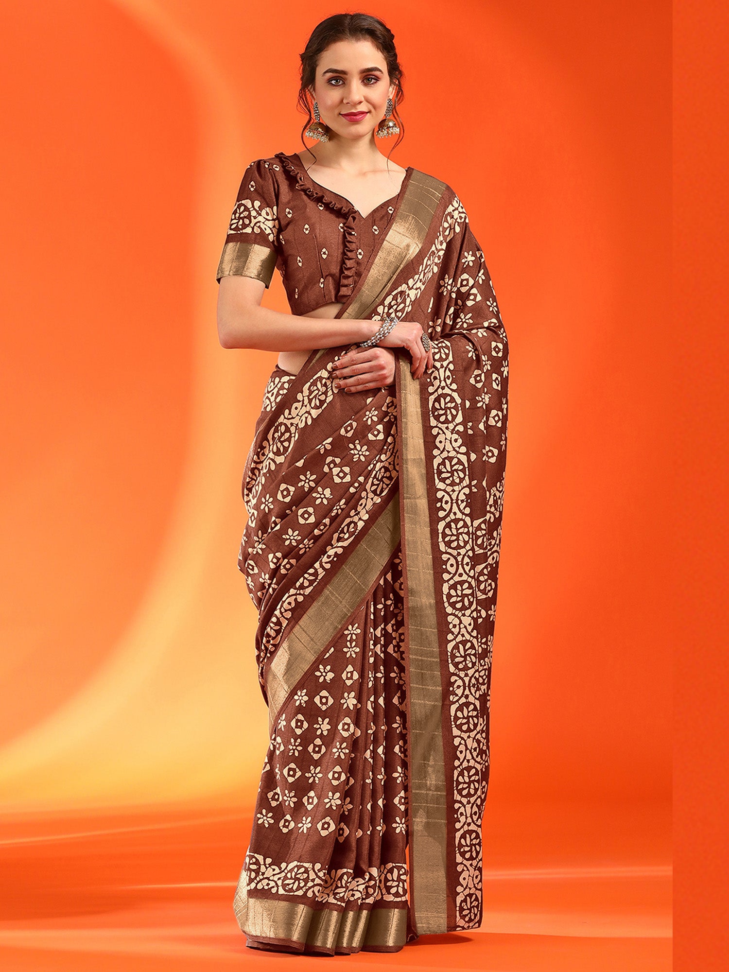 Women's Silk Blend Brown Printed Designer Saree With Blouse Piece