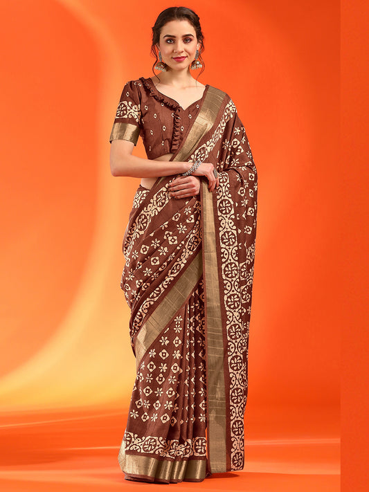 Women's Silk Blend Brown Printed Designer Saree With Blouse Piece