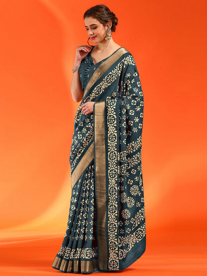 Women's Silk Blend Teal blue Printed Designer Saree With Blouse Piece