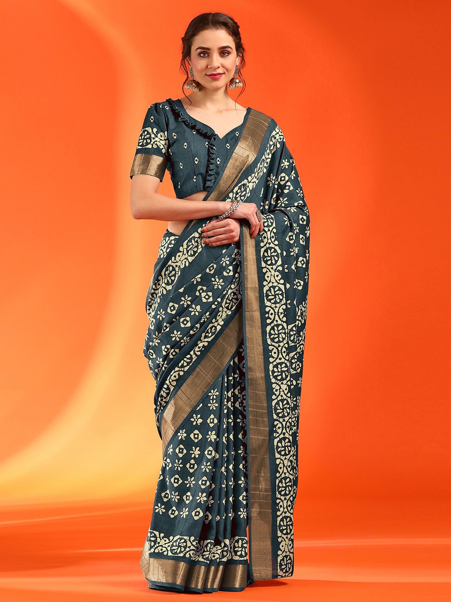 Women's Silk Blend Teal blue Printed Designer Saree With Blouse Piece