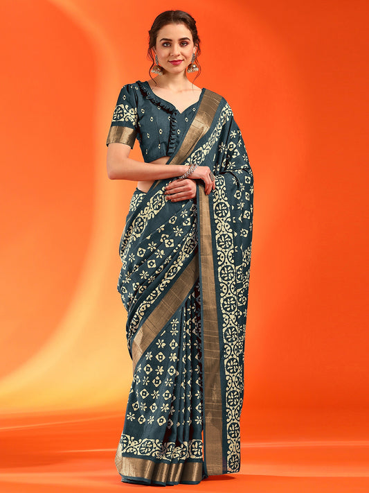 Women's Silk Blend Teal blue Printed Designer Saree With Blouse Piece