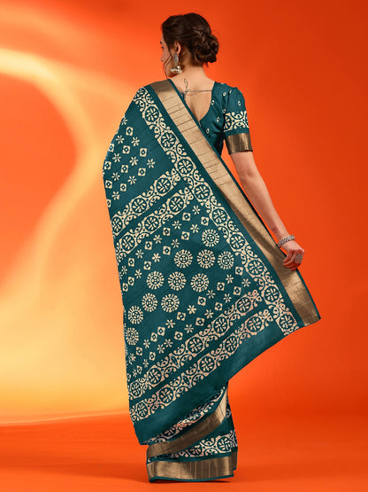 Women's Silk Blend Teal blue Printed Designer Saree With Blouse Piece