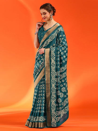 Women's Silk Blend Teal blue Printed Designer Saree With Blouse Piece