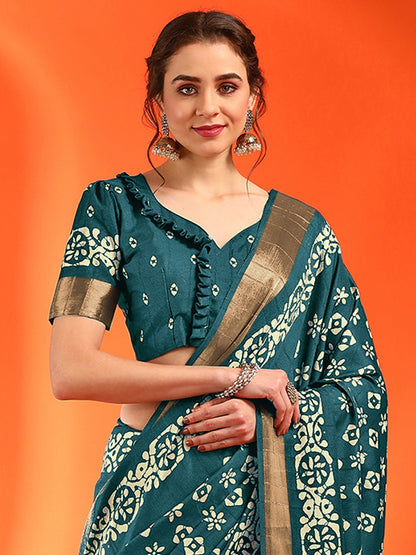 Women's Silk Blend Teal blue Printed Designer Saree With Blouse Piece