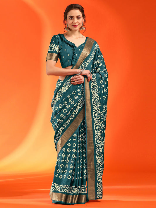 Women's Silk Blend Teal blue Printed Designer Saree With Blouse Piece
