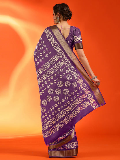 Women's Silk Blend Magenta Printed Designer Saree With Blouse Piece