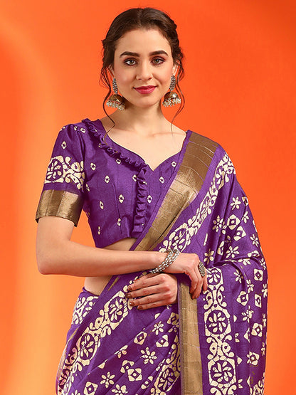 Women's Silk Blend Magenta Printed Designer Saree With Blouse Piece