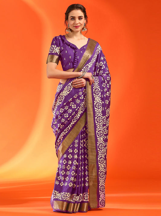 Women's Silk Blend Magenta Printed Designer Saree With Blouse Piece