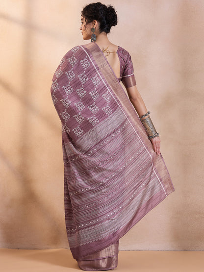 Women's Silk Blend Mauve Printed Designer Saree With Blouse Piece