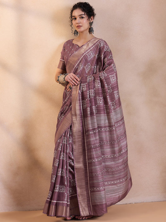 Women's Silk Blend Mauve Printed Designer Saree With Blouse Piece