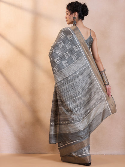 Women's Silk Blend Grey Printed Designer Saree With Blouse Piece