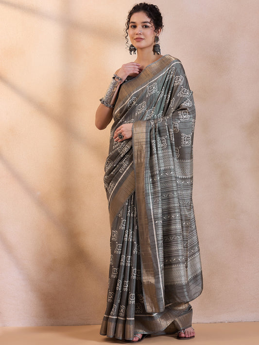 Women's Silk Blend Grey Printed Designer Saree With Blouse Piece